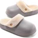 Women's Waterproof Slippers for Outdoor, Non-Slip Fuzzy Fleece Lined Winter Garden Clogs, Indoor Outdoor Comfortable Warm House Shoes (9.5 Wide, Light Grey)