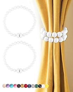 Magnetic Curtain Tiebacks 4 Pieces: Strong Magnets Closure, Boho Curtain Holdbacks Wooden Bead Drape Ties Curtain Ties Backs for Window Drapes Boho Farmhouse Home Office Baby Nursery Decor (Black, 4)