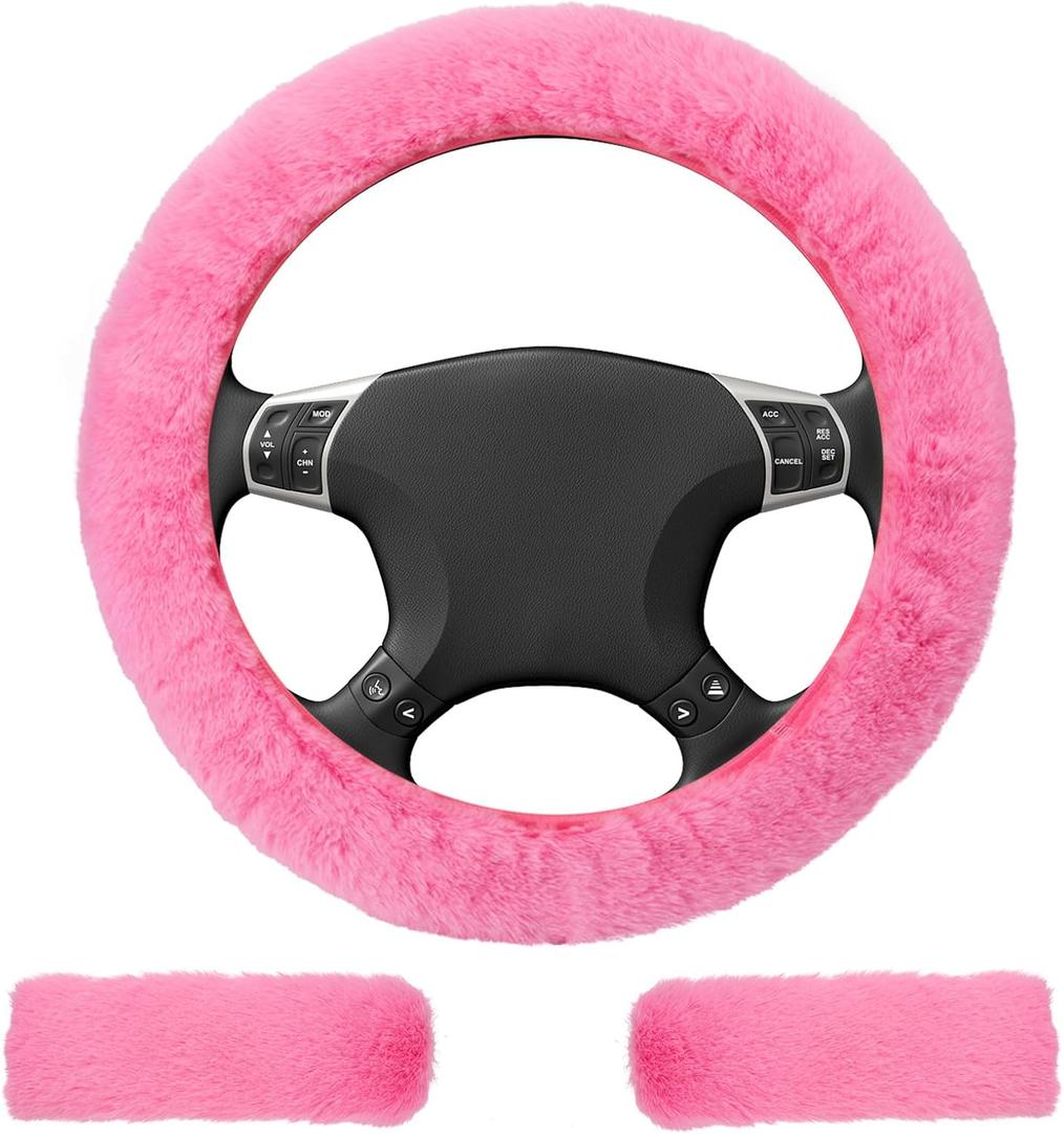 3 Pack Fluffy Steering Wheel Cover Set, 15'' Furry Car Wheel Cover, 2 Seat Belt Shoulder Pads, Anti-Slip Fur Steering Wheel Cover, Winter Warm Fluffy Car Accessories for Women, Pink