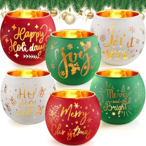 Vesici Christmas Candle Holder Set of 6 Votive Candle Holders Red Green White Glass Tealight Holder Bulk with 6 Laser Engraving Patterns Xmas Wishes Gift for Winter Christmas Table Centerpiece Decor
