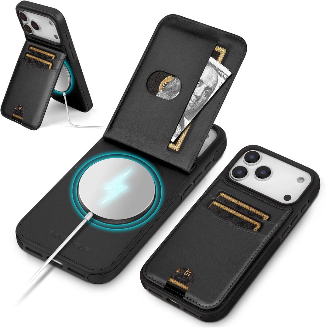 Compatible with Magsafe for iPhone 17 Pro Wallet Case with Card Holder Kickstand RFID Blocking Flip Cover Credit Card Slots PU Leather Men Women,Phone Case for Apple 17 Pro 6.3",Black