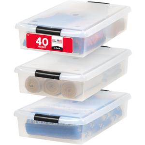 IRIS USA 40 Qt Plastic Under Bed Storage Nestable Organizer Bin Container with Secure Lids and Durable Buckles, 3-Pack, Under Bed Storage Containers for Clothes Shoes Bedding, Black/Clear