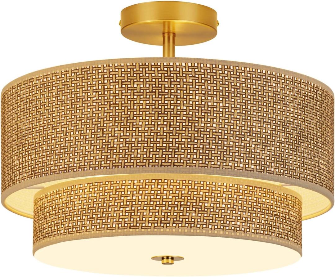 16 Inch Woven Rattan Linen Semi Flush Mount Ceiling Light Fixture, Modern Boho Drum Lamp for Bedroom, Kitchen, Dining Room, Living Room, Hallway, Entryway, Farmhouse Gold Wicker Chandelier