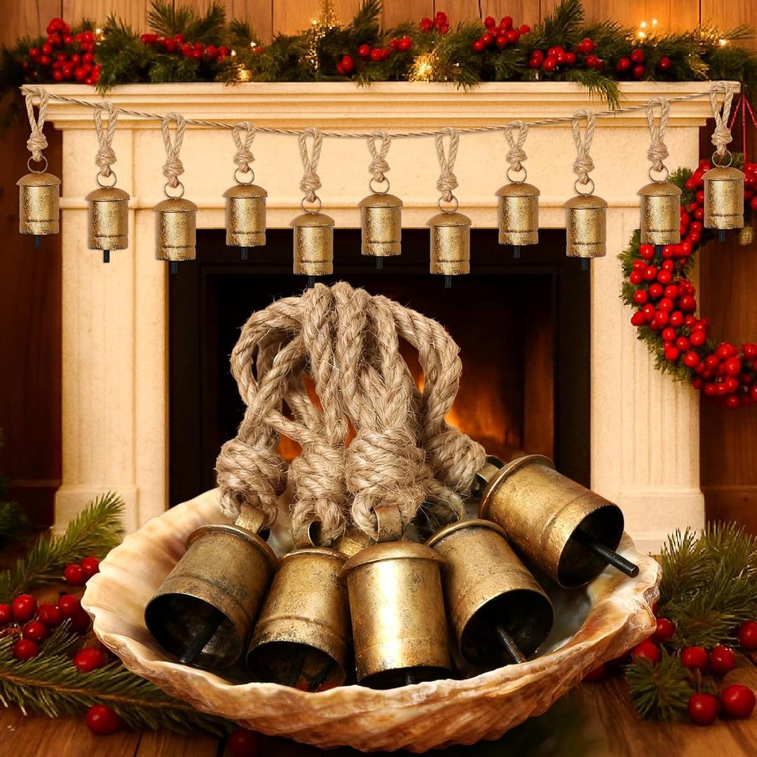 LEIFIDE 12 Pcs Gold Cow Bells Christmas Ornaments Small Rustic Metal Hanging Bells Vintage Harmony Brass Coated Jute Rope Hanging Gold Cowbell for Xmas Tree Crafts Wreath Decorations Outdoor Garden