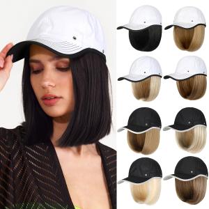 Quick Dry Hat with Hair Extensions Sun Protection Hat Wig Lightweight Outdoor Baseball Cap Attached 13" Short Straight Hairpiece Synthetic for Women Dark Brown