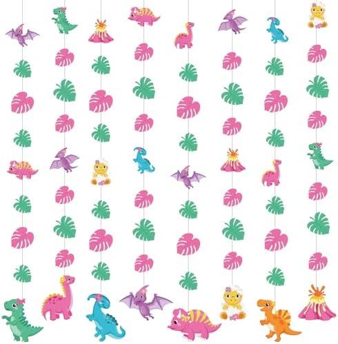 Sinload 8 Pieces Girls Dinosaur Party Decorations Pink Dinosaur Garlands Watercolor Dino Paper Cutouts Hanging Banner Decor for Girls Dinosaur Birthday Theme Baby Shower Wedding Party Supplies