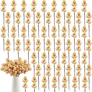 obbsie 60 Pack Artificial Gold Christmas Glitter Berries Stems, Christmas Holly Berry Picks for DIY Crafts Wreath Garland Party Christmas Tree Ornaments Winter Decorations