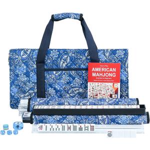 ZGME American Mahjong Set,166 White Tiles with Blue Bag and Accessories,4 Transparent All-in-One Mahjong Racks with Pushers,Complete Mahjong Set