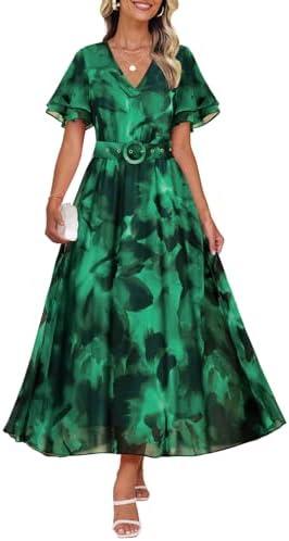 ZESICA Women's 2025 Summer Floral V Neck Midi Dress Boho Short Sleeve High Waist Flowy Beach Vacation Dresses with Belt, M