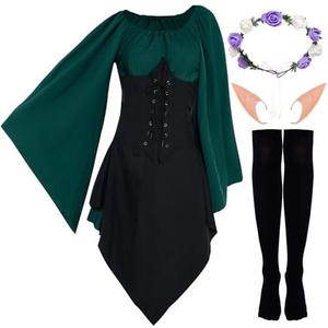 yeabwps Medieval Fairy Cosplay Set Women Traditional Irish Viking Dress Fairy Ears Floral Crown for Halloween. Size XXL.