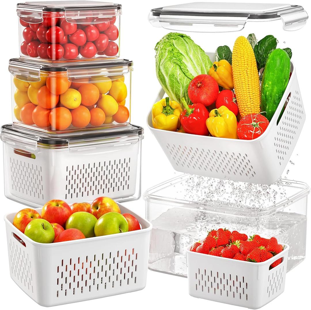 4 Pack Fruit Storage Containers for Fridge with Removable Colanders, Airtight Produce Vegetable Berry Containers for Fridge, All-In-One Food Storage Containers for Washing, Draining, Freshness (Mini, transparent)