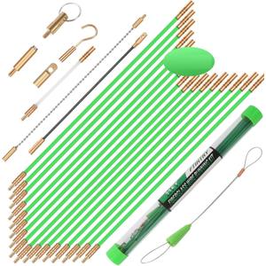 FTIHTRY 45FT Fiberglass Running Electrical Wire Cable Glow Rods Wire Pulling, Fish Rods Electrical Kit with 8 Different Attachments and Fish Tape Wire Puller Kit