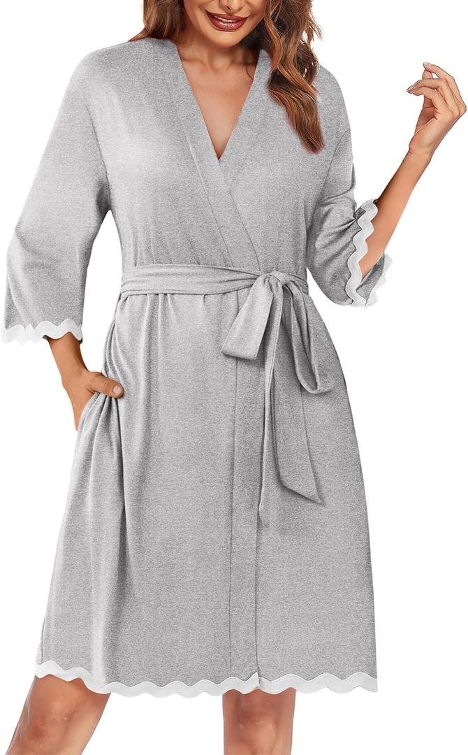 Ekouaer Women Kimono Robe 3/4 Sleeves Loungewear Dress Knee Length Sleepwear Pockets Housecoat Short Bathrobe S-XXL (M)