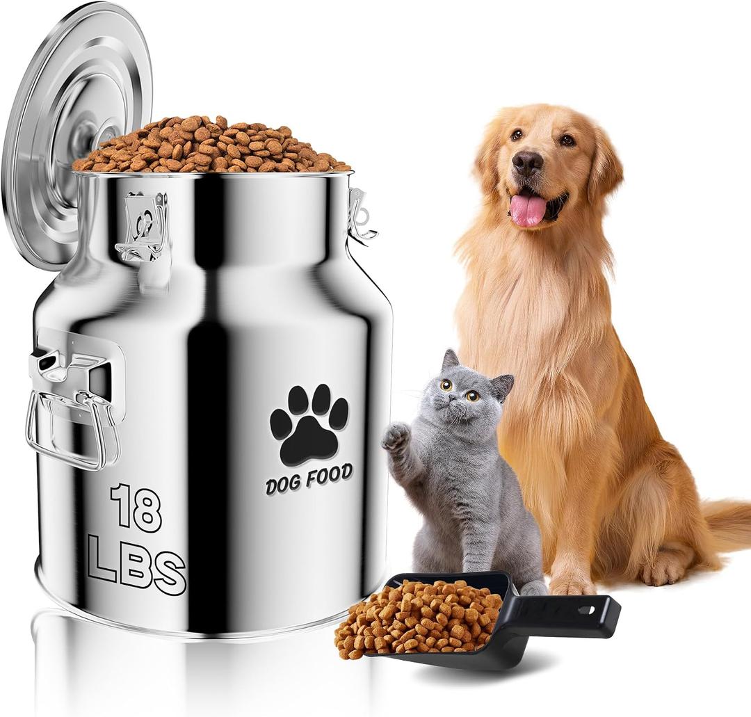 Metal Dog Food Storage Container 18Lbs, Stainless Steel Dog Food Storage Container with Lids Airtight, Pet Food Storage Container for Dogs, Cat Food Bin with Spoon, Keep Food Fresh, Easy to Clean