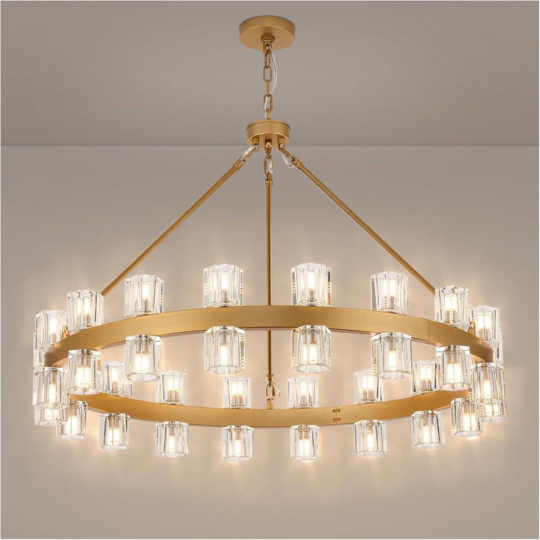 36 Inch Glod Wagon Wheel Chandelier with 36 Lights Crystal Shade, Modern Farmhouse Round High Ceilings Pendant Light Fixture for Living/Dining Room, Kitchen, Bedroom, Foyer