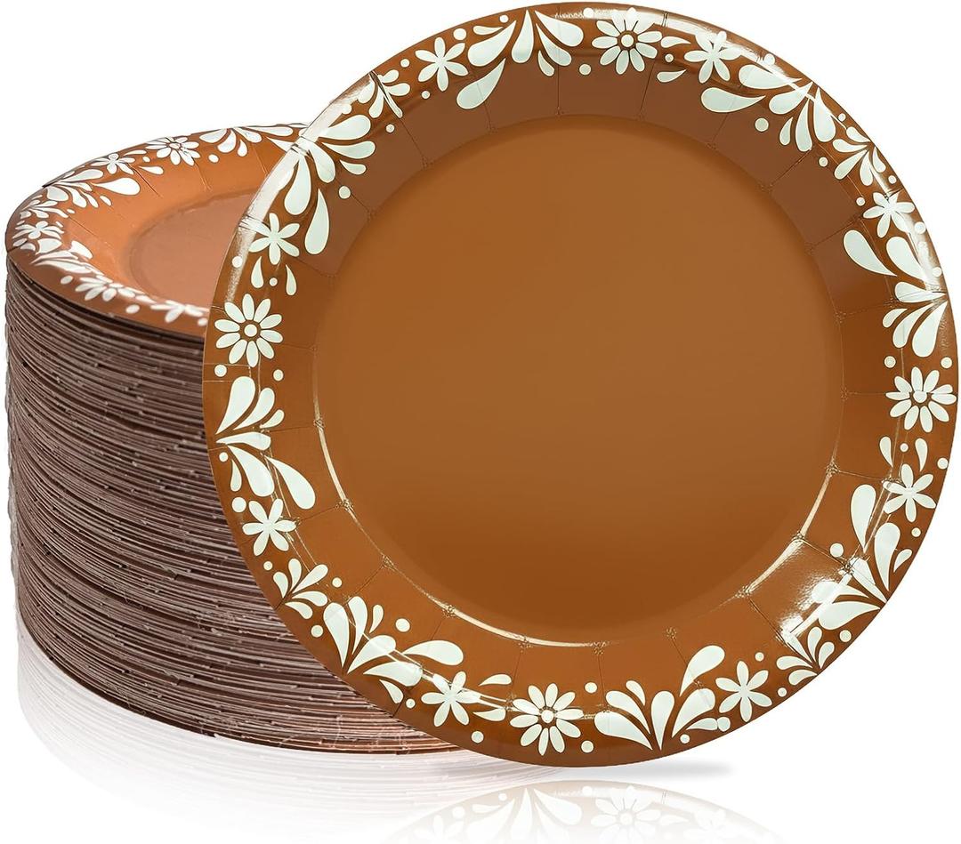 AerWo 100 Pcs Platos De Barro Mexicanos, Disposable Paper Plates 9 Inch, Mexican Plates Disposable Set for Taco Night, Birthday, Wedding, Cinco De Mayo, Mexican Party Decorations