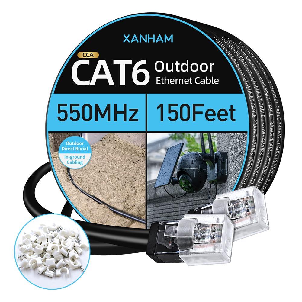 XANHAM Cat6 Outdoor Ethernet Cable 150 Feet Waterproof and UV Resistant Direct Burial Jacket CCA Copper Clad Cat 6 UTP Network Cable for Internet and Camera, CCTV