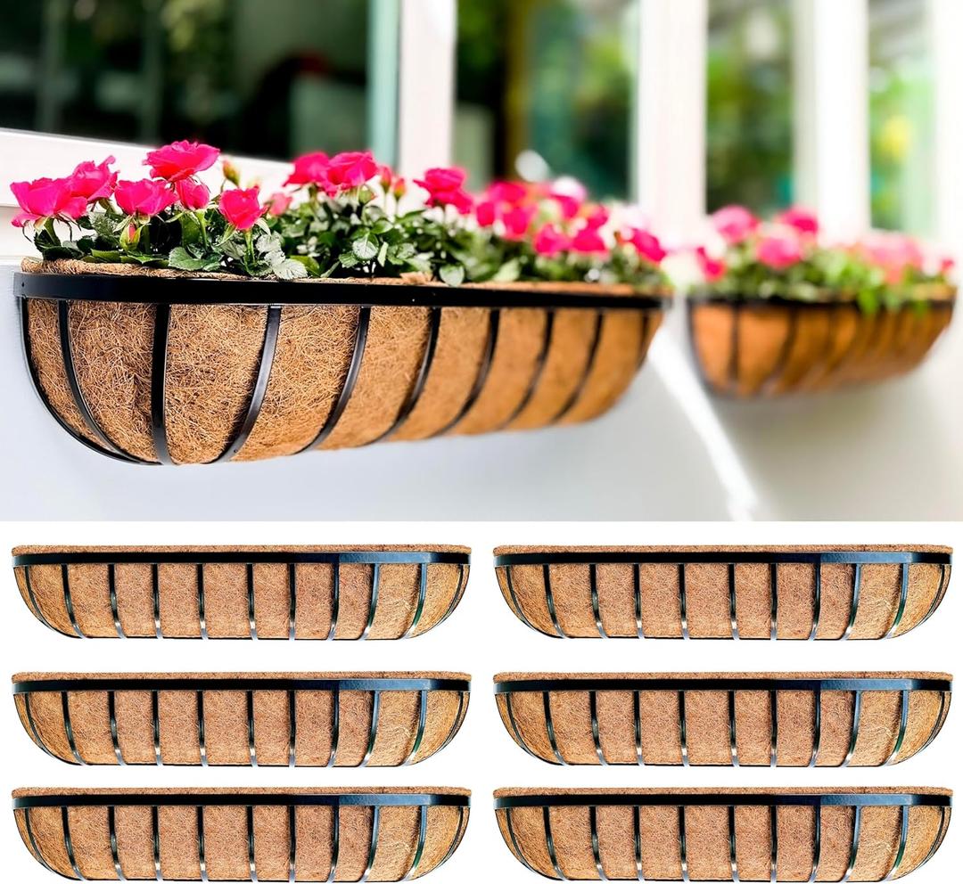 LaLaGreen Deck Railing Planter Boxes - 6 Pack, 36 Inch Long Window Flower Box Attach to House, Wall Planters for Outdoor Plants with Coco Liners English Horse Trough Fence Balcony Garden Porch Rail