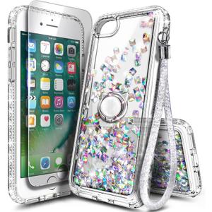 NGB Designed for iPhone SE (3rd 2022 & 2nd Gen 2020)/iPhone 8/7/6/6S Case, Crystal Gem | Glitter Liquid Cute Cover for Women Girls Kids | with Tempered Glass Screen Protector & Ring Holder-Wrist Strap
