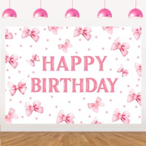 Pink Bow Party Decorations Bow Happy Birthday Backdrop Photography Background Cloth for Girls Kids Photo Booth Birthday Party Decor Supplies (5x3ft)