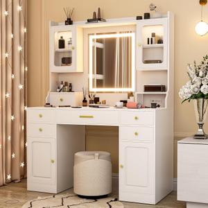 Wakefit Vanity Desk with Mirror and Lights, 42IN Makeup Table with 6 Drawers and 2 Cupboard Storage, Vanity Makeup with Power Outlet | LED Light with 3 Color Modes | Adjustable Brightness | White