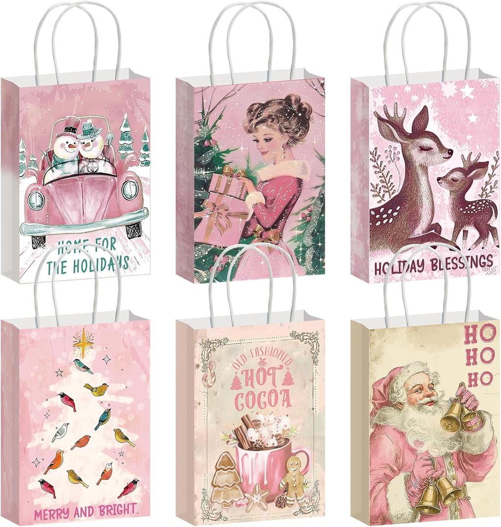 Kolldenn 24 Pcs Pink Vintage Christmas Paper Gift Bags Treat Bags Christmas Party Favor Bags with Handle Santa Claus Candy Goodie Bags for Xmas Holiday Party Decorations Supplies, 6 Designs