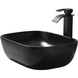 BoomHoze Black Vessel Sink Rectangle, 18"x13" Above Counter Porcelain Ceramic Bathroom Vessel Sink With Faucet and Drain Combo
