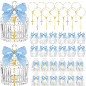 Chuangdi 12 Sets 48 Pcs Baptism Favors for Guests Crystal Candy Bowl Gifts with 12 Pcs Cross Rosary for Baptism Decorations Wedding Baby Shower Supplies First Communion Party(Blue)