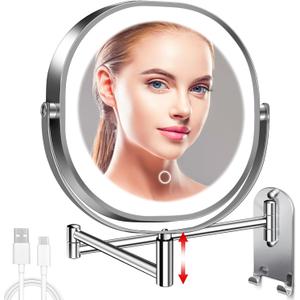 9" Wall Mounted Lighted Makeup Mirror, 3000mAh Rechargeable Double Sided 1X/10X Magnifying Mirror with Hook, 3 Color Lights Dimmable 360 Rotation Vanity Mirror for Bathroom (Chrome-oval)