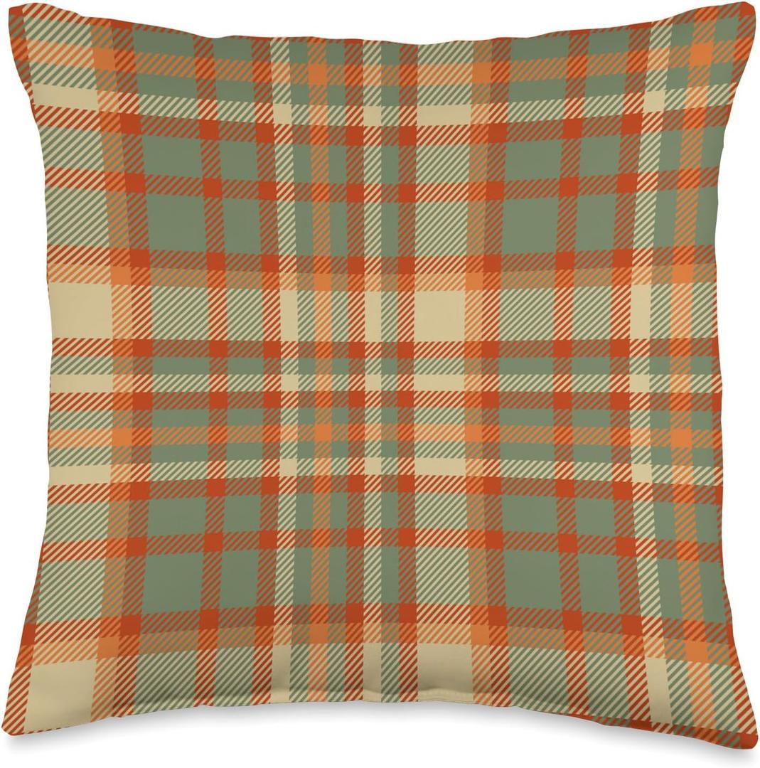 Orange green olive Halloween plaid harvest thankful season Throw Pillow 16"x16"