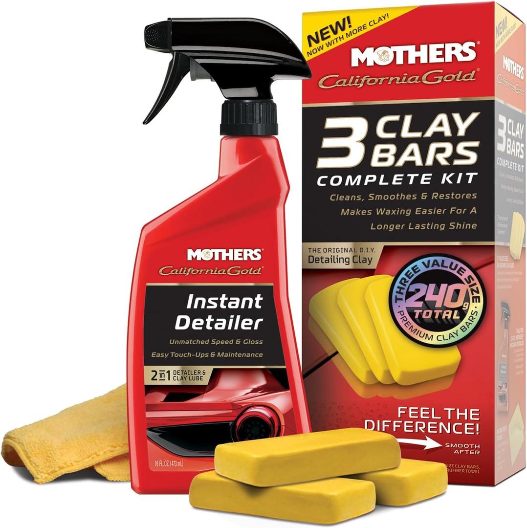 Mothers California Gold 3 Clay Bar Complete Kit, 3 80-gram Clay Bars + 16 oz. Instant Detailer + Microfiber Towel  Removes Contaminants, Restores Brilliance & Smoothness of Paint (07240)