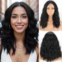 MISSQUEEN 18 Inch Short Wavy Black Wig for Women Medium Length Black Bob Style Synthetic Heat-resistant Natural Realistic Lace Hairline Black Hair Wig for Everyday Hairstyle Cosplay Party Use