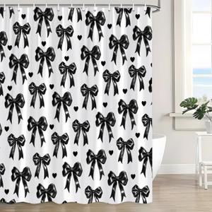 Black and White Bow Shower Curtain Cute Bows Heart Modern Aesthetic Minimalist Bath Curtain with Hooks (70"W x 70"L (Pack of 1))