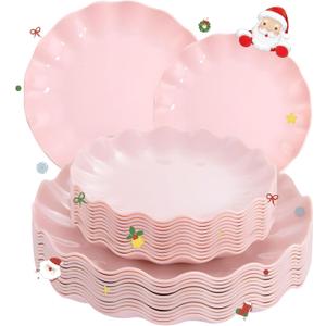 LIYH 24 Pcs Pink Plates Reusable, Pink Plastic Scalloped Plate Durable and Dishwasher Safe,Baby Shower Plate, Light Weight Daisy Plastic Wavy Plates for Wedding Party Birthday (24(12 Guests))