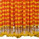 IYANA IMPEX Marigold Garland for Decoration 5 Pcs of 5 feet Long Strands Artificial Marigold Flowers with Bell, Indian Décor for Pooja/ Diwali Decorations/ Christmas (Orange + Yellow)