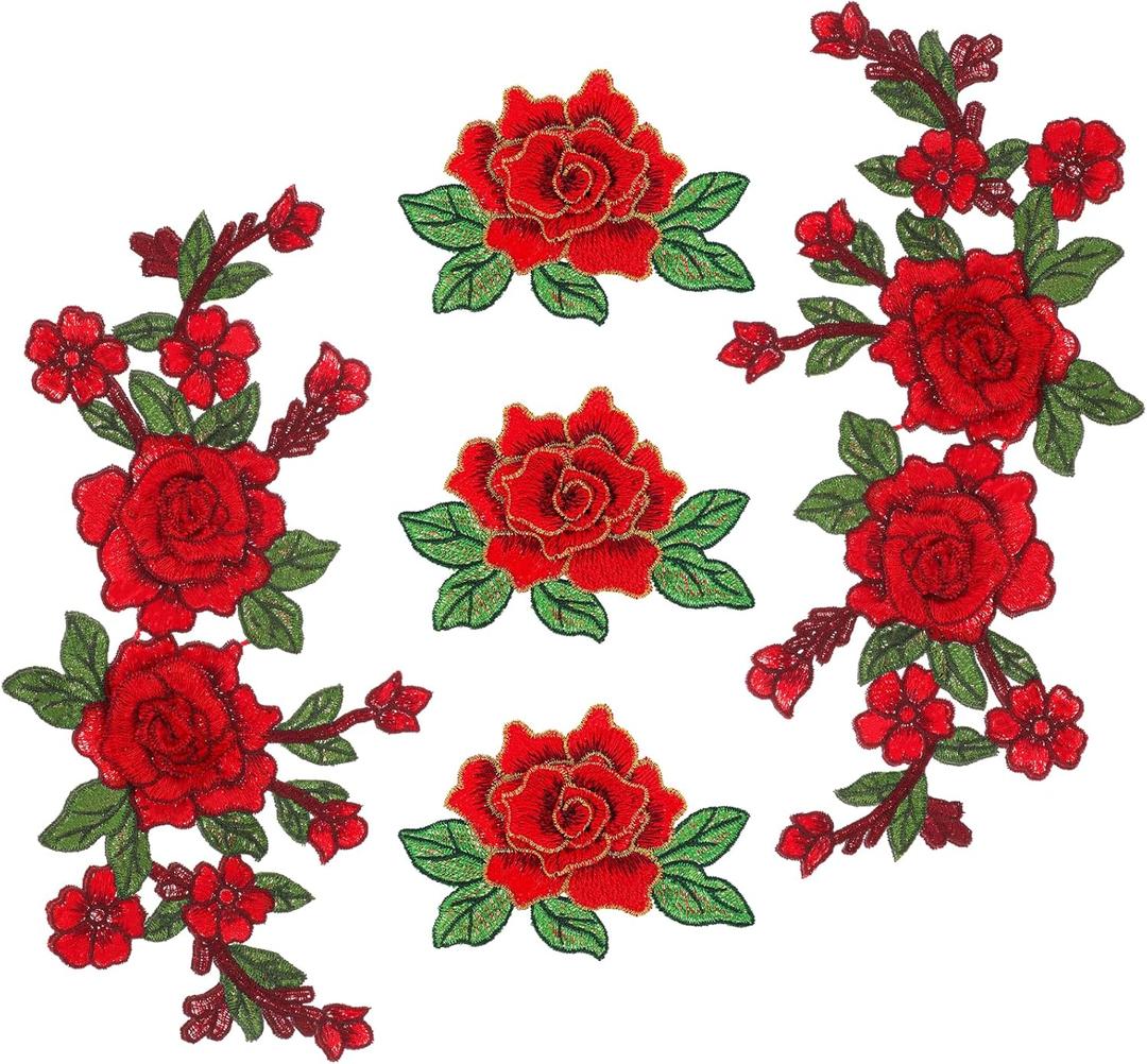 5pcs Rose Flower Embroidered Patches, Applique Sewing Patches, Patches for Arts Crafts DIY Decor, Red Flower Fabric Patches for Jeans DIY Crafts Making Bags Craft Decoration Jackets Dress