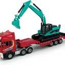 Flatbed Truck Toy with Crawler Excavator Toy Tractor Semi Tow Truck Transport Trailer Metal Diecast Construction Vehicles 2 in 1 Vehicle Playset Friction Powered Toy Trucks for Boys Kids Gift, red