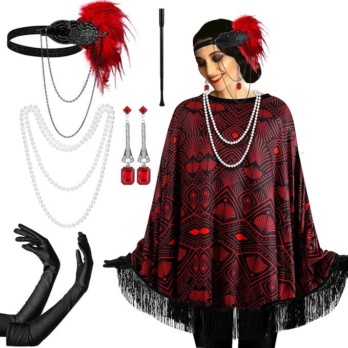 6 Pcs 1920s Flapper Costume Accessories Set for Women Fringed Poncho Flapper Shawl Outfits