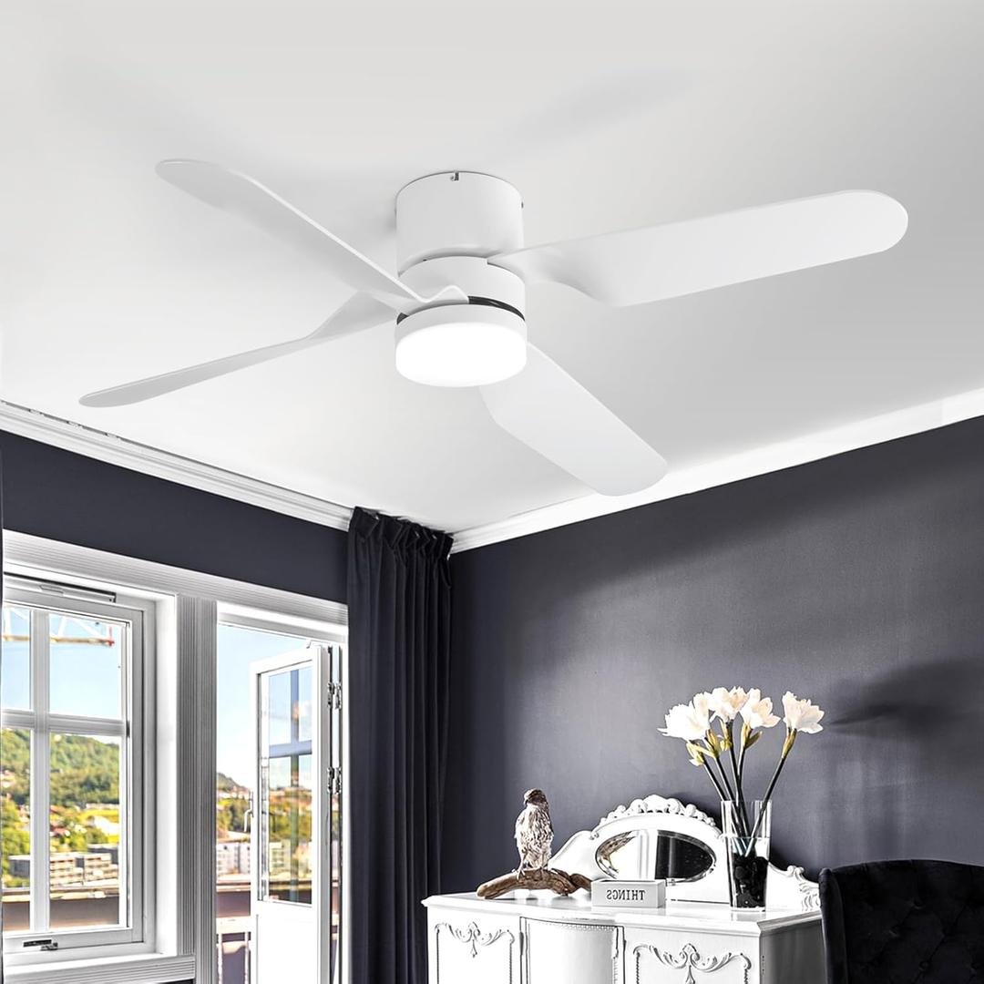 Flush Mount Ceiling Fan with Lights,52 inch Low Profile Ceiling Fan White with Memory Function,3 Color Temperature,Dimmable,Reversible DC Motor Fan for Bedroom Indoor/Outdoor Use