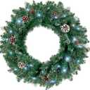 Christmas Wreath for Front Door, Pre-lit 24 Inch Outdoor Wreath with Timer, Hanger, Pine Cones, Indoor Artificial Xmas Decoration for Window, Stair Railing, Wall, Fireplace, Mantel (Snow)