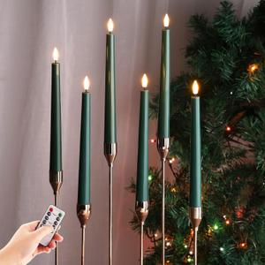 Eywamage Dark Green Flameless Taper Candles with Remote, Flickering Battery Operated LED Wax Candlesticks Set of 6 