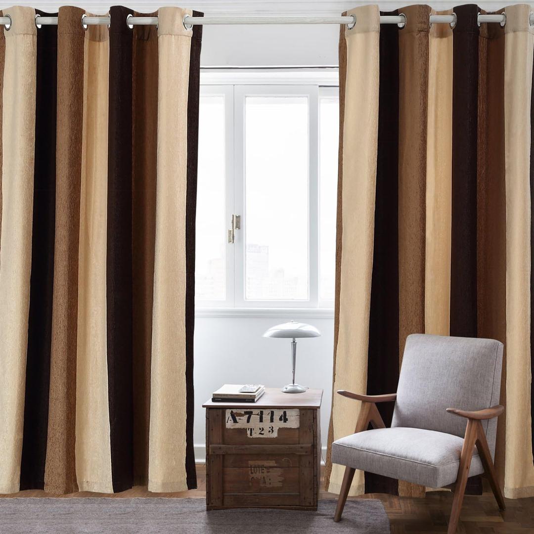 VIAGL Bedroom Curtains Absolute Heat Insulation Chenille Vertical Striped Color Window Curtains Living Room Buttonhole Curtains Single Panel (W52xL84, Brown)
