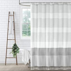 XOGUIBO Farmhouse Grey Shower Curtain Cotton Striped Shower Curtains for Bathroom with Tassel 60" W X 72" L