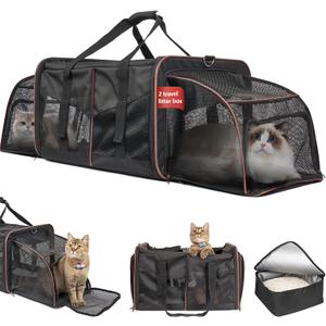 Cat Carrier for 2 Cats, Large Cat Carrier with Litter Box for Car Travel, Portable Dual Cat Travel Carrier Bag for Traveling, Double Cat Travel Carrier for Car, Pet Carrier Bag (Black)