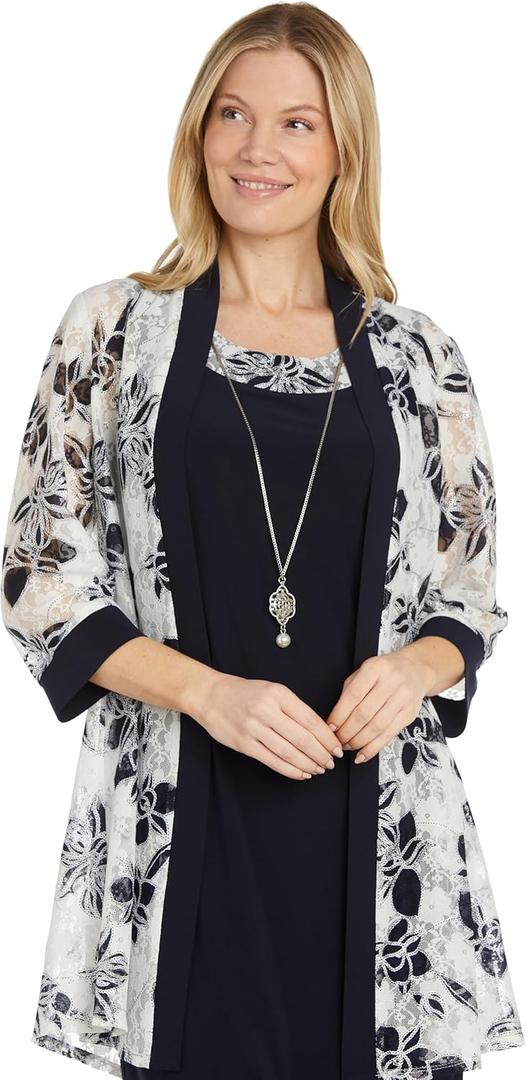 R&M Richards Women's Elegant Feather Print Knee-Length Jacket Dress W/Attached Necklace | Evening Cocktail Party (8)