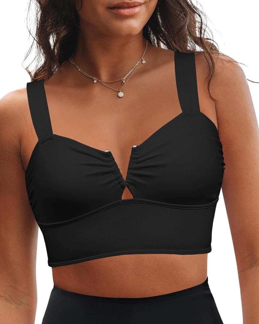GRAPENT Bikini Tops for Women Cropped Tankini Tops Beach V Bar Padded Ruched Adjustable Strap Swimsuit Swim Top Only (Large, Black)