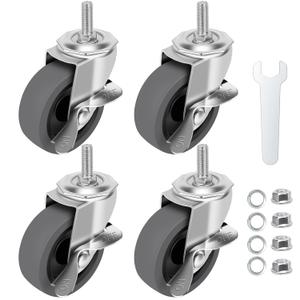 Caster Wheels, 3" Locking Swivel Stem Casters Set of 4, 3/8"-16 x 1 (Screw Diameter 3/8", Length 1") Rubber Casters with 360 Degree No Noise Wheels for Furniture