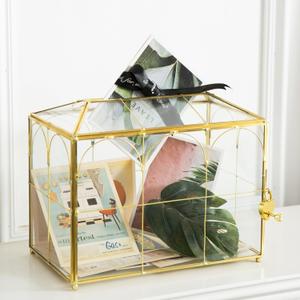 Glass Wedding Card Box with Slot, 10.2'' Large Clear Card Box Gold Brass Gift Card Storage Box with Lock Perfect for Wedding Receptions, Baby Shower, Birthday Party, Bridal Shower