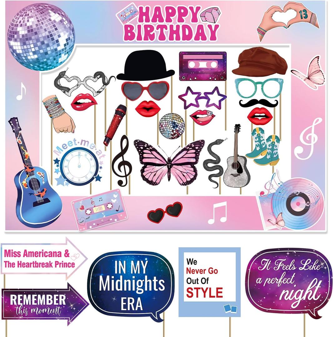 29pcs Photo Booth Props, Music Photo Booth Props with Frame, Birthday Photo Booth Party Supplies, Colorful Happy Birthday Props