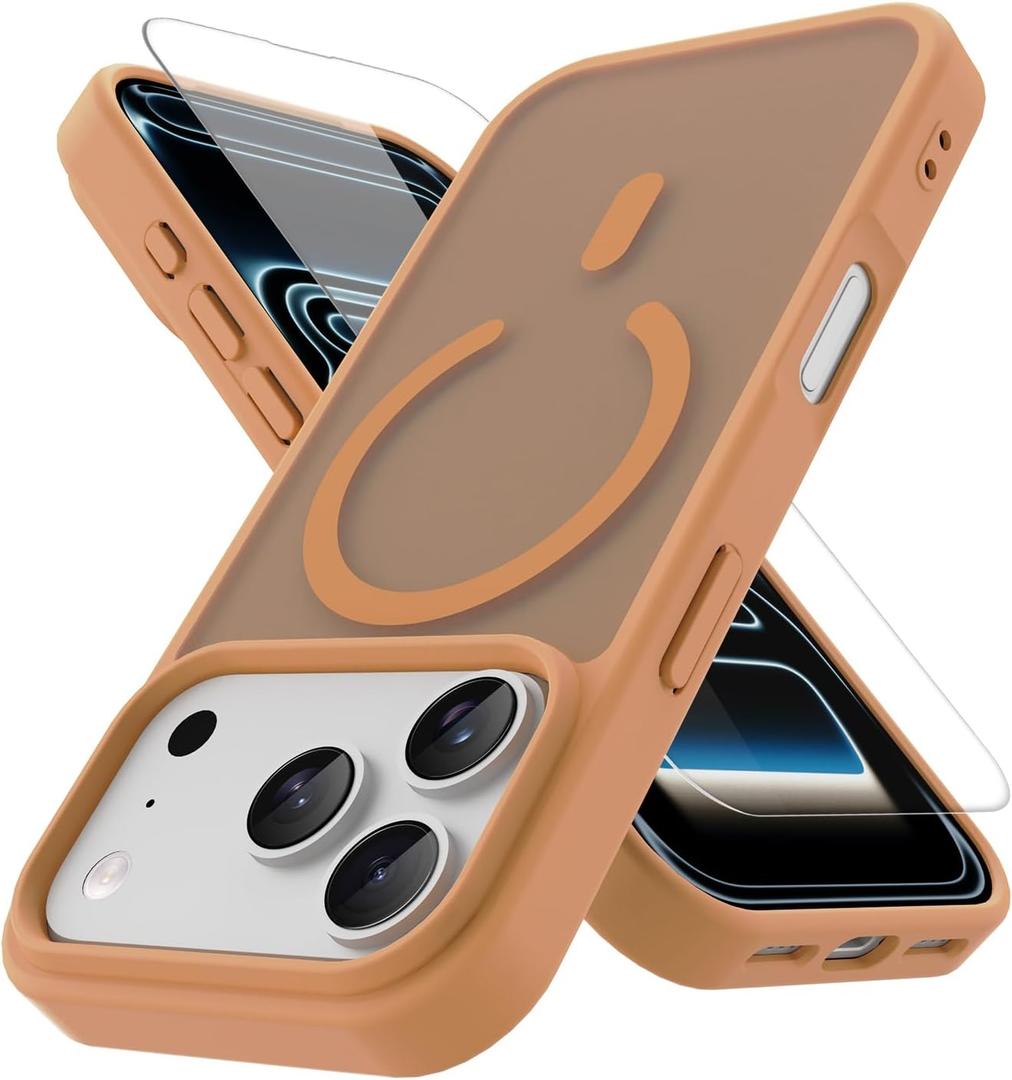 PinLiSheng Magnetic for iPhone 17 Pro Max Case with 1 Screen Protector [Mil-Grade Drop Protection] [Compatible with Magsafe] Shockproof Slim Translucent Matte Protective Phone Case, Brown